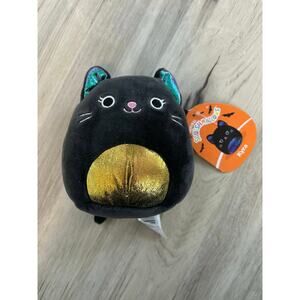 NWT Squishmallows Kyra Halloween Black Cat Gold Metallic Belly 5 Inch Plush